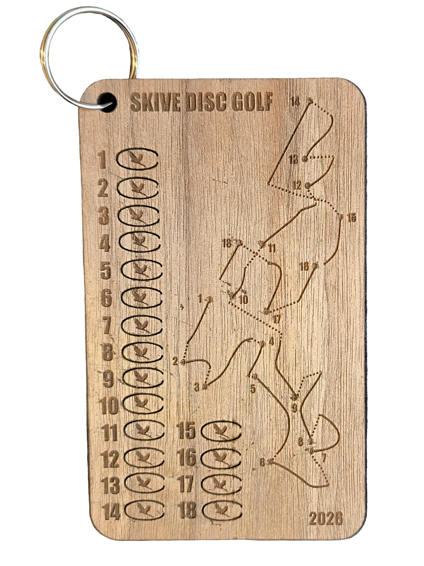 Laser-engraved wooden bag tag for disc golfers customized for a specific course