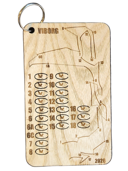 Laser-engraved wooden bag tag for disc golfers customized for a specific course