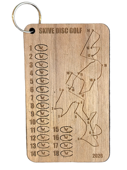 Laser-engraved wooden bag tag for disc golfers customized for a specific course