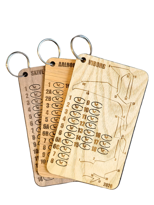 Laser-engraved wooden bag tags for disc golfers customized for a specific course